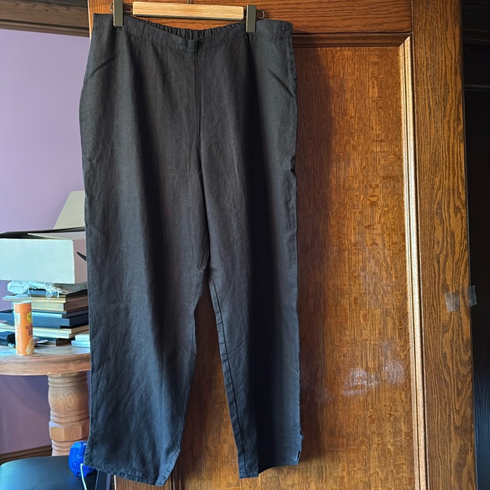 FLAX linen Black flat front Women's wide leg pants
